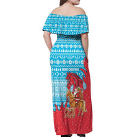 Azerbaijan Christmas Off Shoulder Maxi Dress with Santa Riding Horse Red Flame Motif and Blue Islamic Pattern Design - Wonder Print Shop