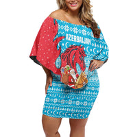 Azerbaijan Christmas Off Shoulder Short Dress with Santa Riding Horse Red Flame Motif and Blue Islamic Pattern Design - Wonder Print Shop