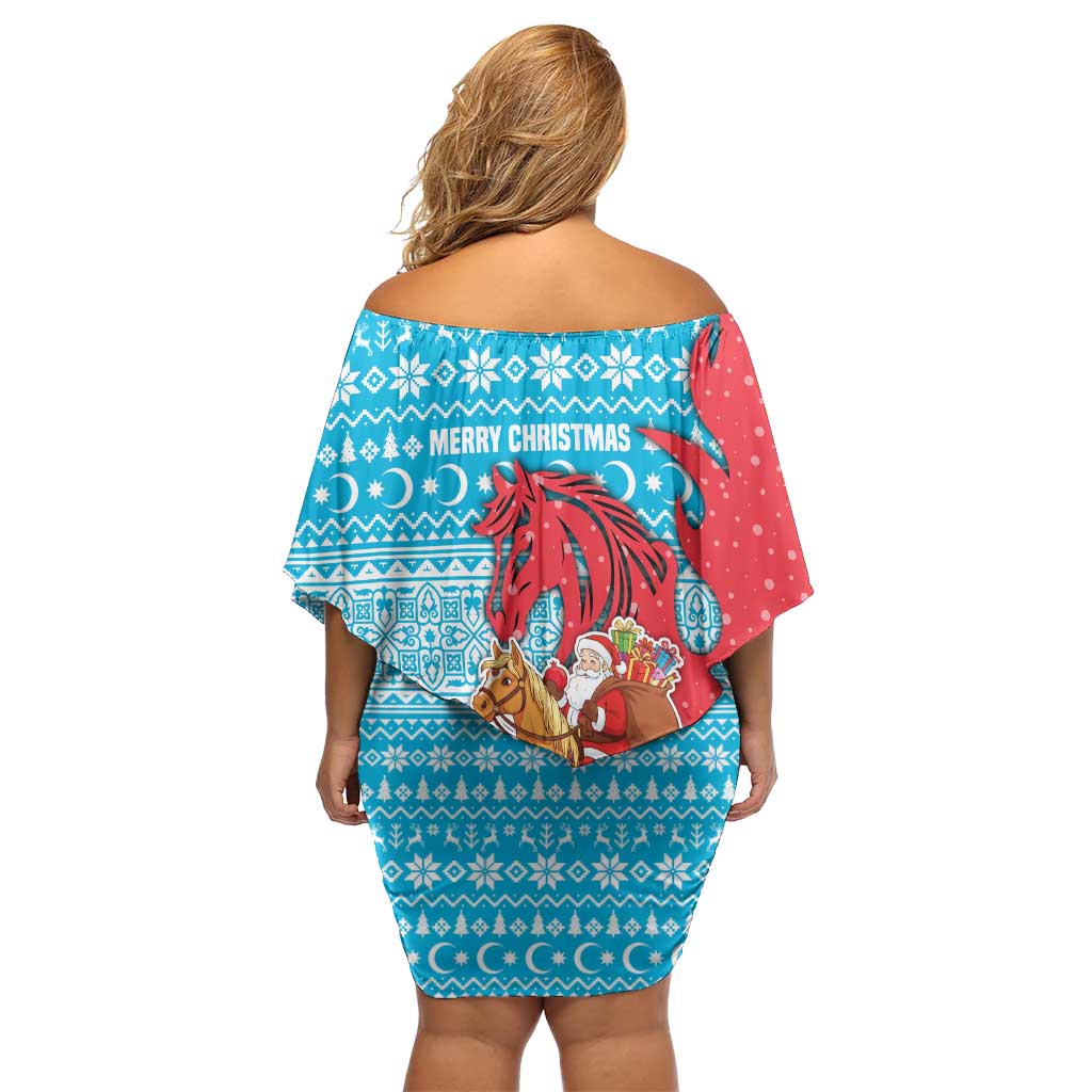 Azerbaijan Christmas Off Shoulder Short Dress with Santa Riding Horse Red Flame Motif and Blue Islamic Pattern Design - Wonder Print Shop