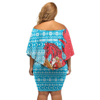 Azerbaijan Christmas Off Shoulder Short Dress with Santa Riding Horse Red Flame Motif and Blue Islamic Pattern Design - Wonder Print Shop