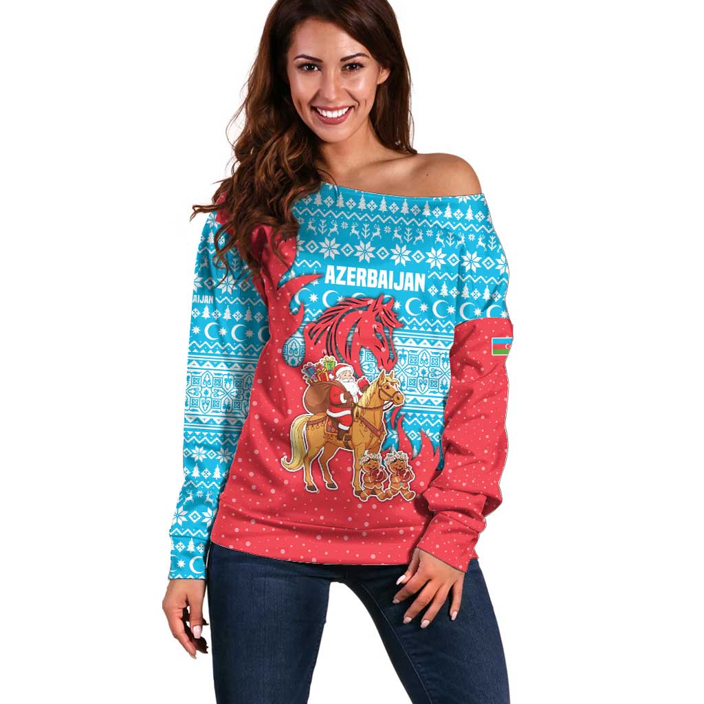 Azerbaijan Christmas Off Shoulder Sweater with Santa Riding Horse Red Flame Motif and Blue Islamic Pattern Design - Wonder Print Shop