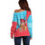 Azerbaijan Christmas Off Shoulder Sweater with Santa Riding Horse Red Flame Motif and Blue Islamic Pattern Design - Wonder Print Shop