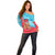 Azerbaijan Christmas Off Shoulder Sweater with Santa Riding Horse Red Flame Motif and Blue Islamic Pattern Design - Wonder Print Shop