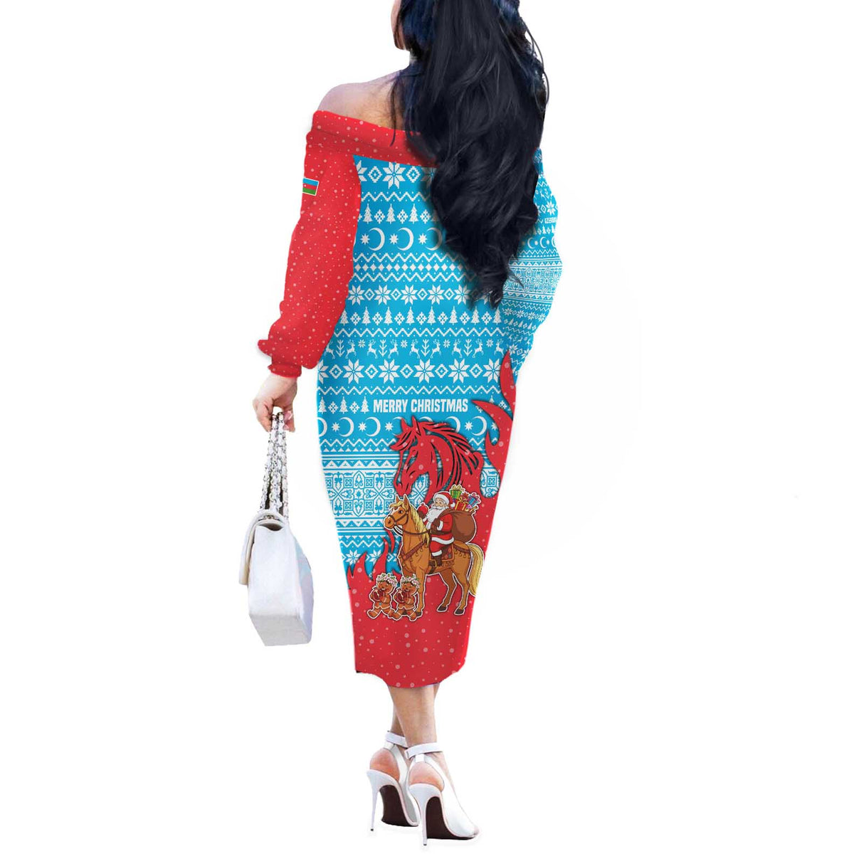 Azerbaijan Christmas Off The Shoulder Long Sleeve Dress with Santa Riding Horse Red Flame Motif and Blue Islamic Pattern Design - Wonder Print Shop