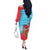 Azerbaijan Christmas Off The Shoulder Long Sleeve Dress with Santa Riding Horse Red Flame Motif and Blue Islamic Pattern Design - Wonder Print Shop