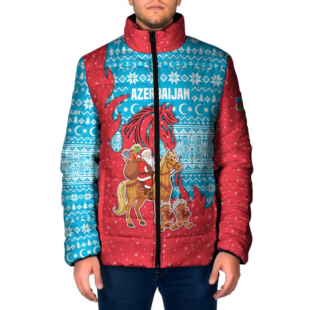 Azerbaijan Christmas Padded Jacket with Santa Riding Horse Red Flame Motif and Blue Islamic Pattern Design - Wonder Print Shop