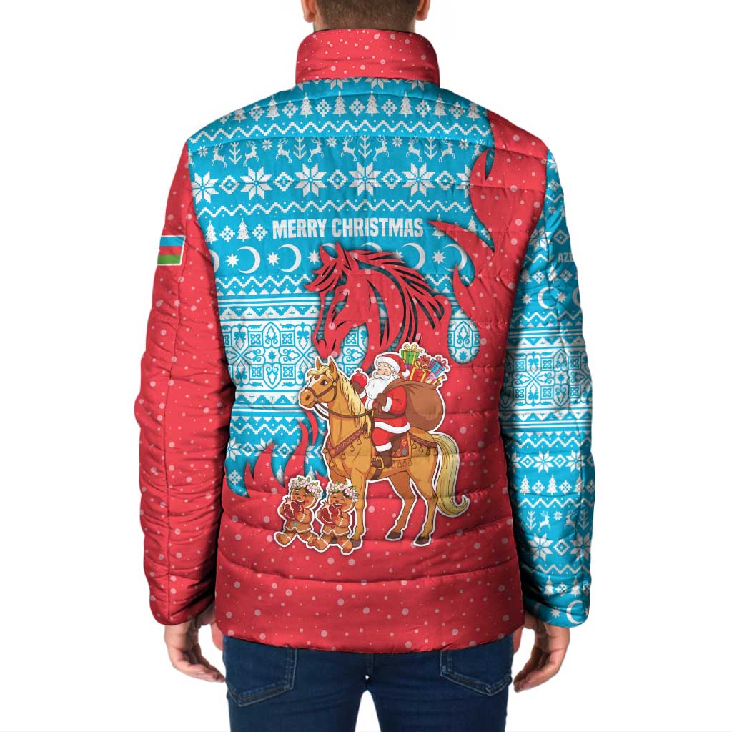 Azerbaijan Christmas Padded Jacket with Santa Riding Horse Red Flame Motif and Blue Islamic Pattern Design - Wonder Print Shop