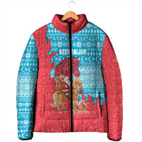 Azerbaijan Christmas Padded Jacket with Santa Riding Horse Red Flame Motif and Blue Islamic Pattern Design - Wonder Print Shop