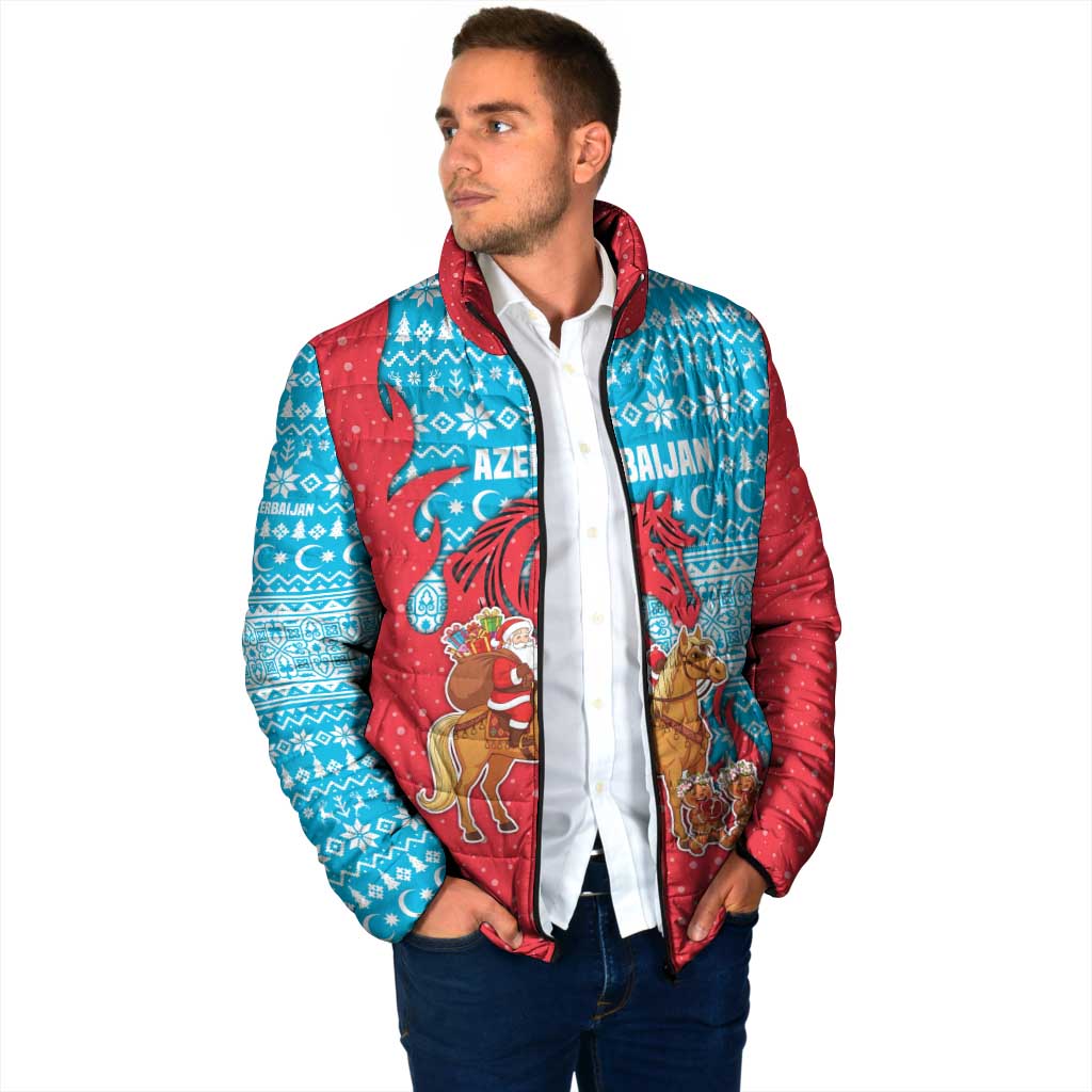 Azerbaijan Christmas Padded Jacket with Santa Riding Horse Red Flame Motif and Blue Islamic Pattern Design - Wonder Print Shop