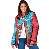 Azerbaijan Christmas Padded Jacket with Santa Riding Horse Red Flame Motif and Blue Islamic Pattern Design - Wonder Print Shop