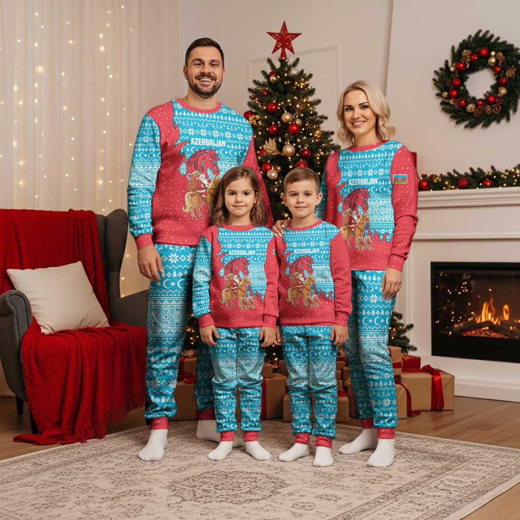 Azerbaijan Christmas Pajama Set with Santa Riding Horse Red Flame Motif and Blue Islamic Pattern Design - Wonder Print Shop