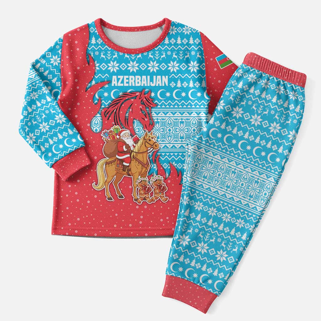 Azerbaijan Christmas Pajama Set with Santa Riding Horse Red Flame Motif and Blue Islamic Pattern Design - Wonder Print Shop