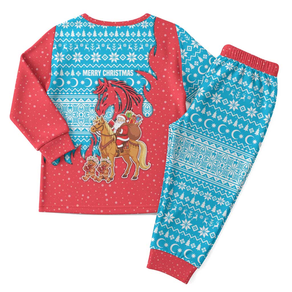 Azerbaijan Christmas Pajama Set with Santa Riding Horse Red Flame Motif and Blue Islamic Pattern Design - Wonder Print Shop