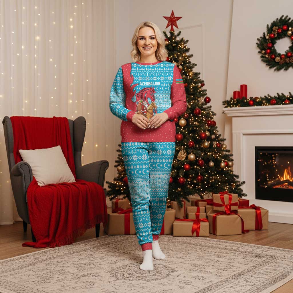 Azerbaijan Christmas Pajama Set with Santa Riding Horse Red Flame Motif and Blue Islamic Pattern Design - Wonder Print Shop
