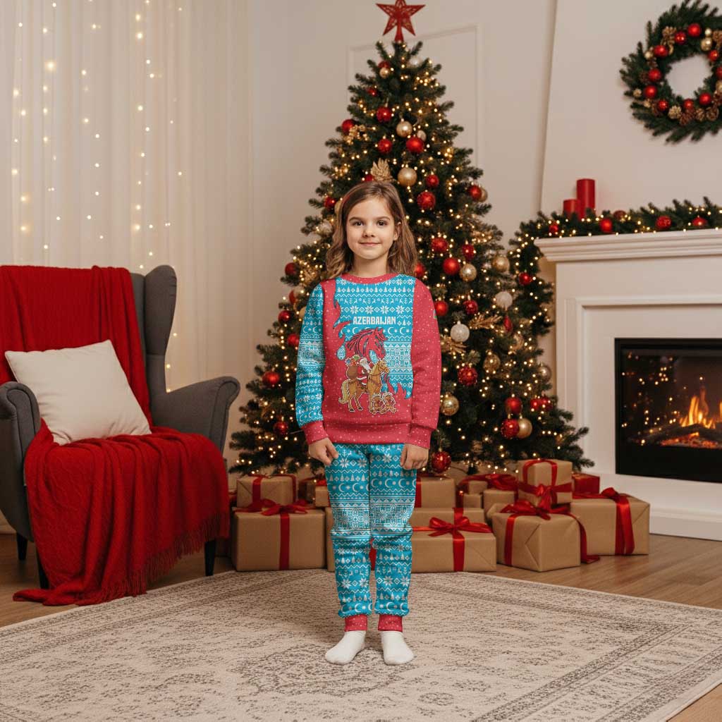 Azerbaijan Christmas Pajama Set with Santa Riding Horse Red Flame Motif and Blue Islamic Pattern Design - Wonder Print Shop
