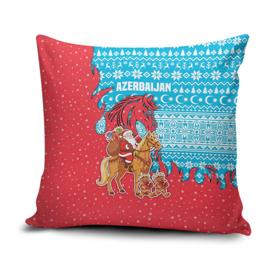Azerbaijan Christmas Pillow Cover with Santa Riding Horse Red Flame Motif and Blue Islamic Pattern Design - Wonder Print Shop