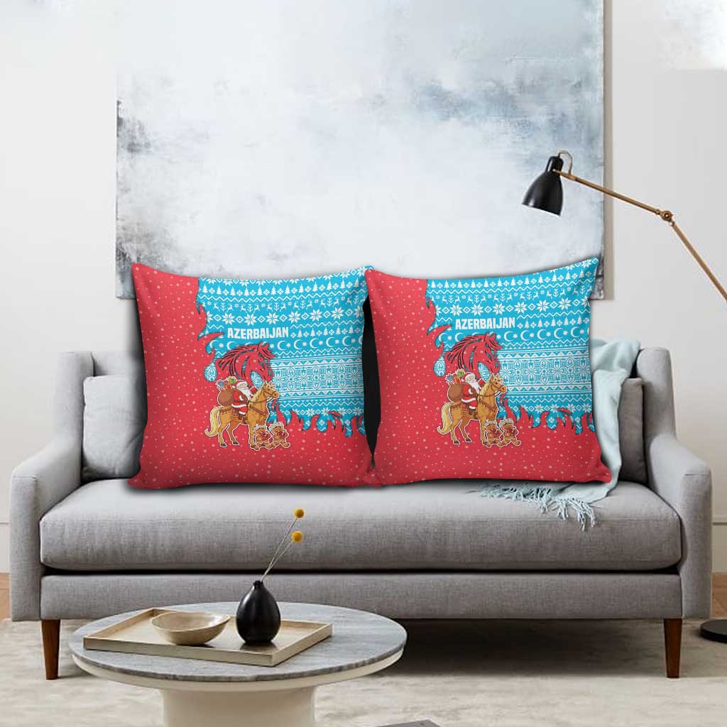 Azerbaijan Christmas Pillow Cover with Santa Riding Horse Red Flame Motif and Blue Islamic Pattern Design - Wonder Print Shop