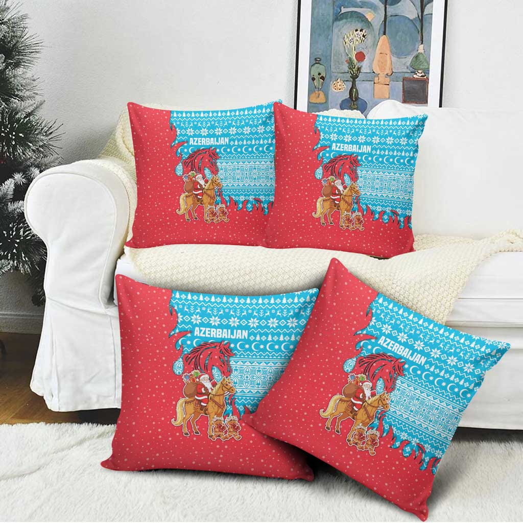Azerbaijan Christmas Pillow Cover with Santa Riding Horse Red Flame Motif and Blue Islamic Pattern Design - Wonder Print Shop
