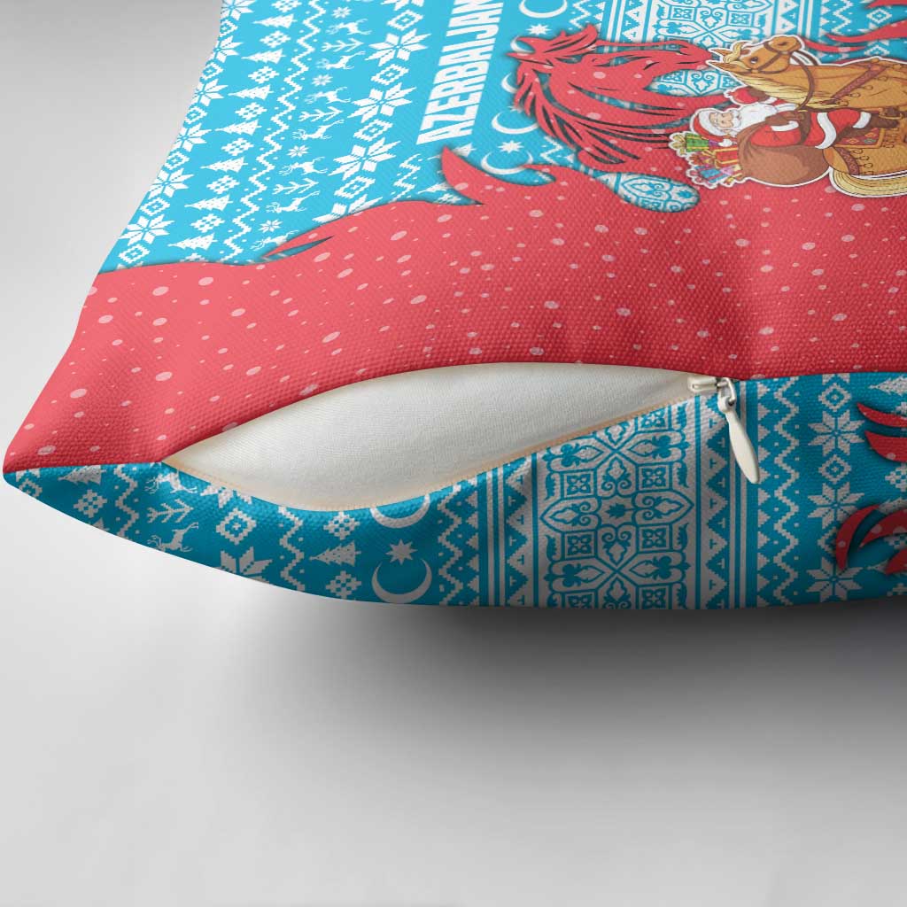 Azerbaijan Christmas Pillow Cover with Santa Riding Horse Red Flame Motif and Blue Islamic Pattern Design - Wonder Print Shop