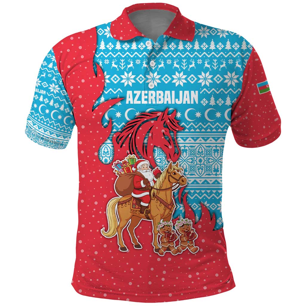 Azerbaijan Christmas Polo Shirt with Santa Riding Horse Red Flame Motif and Blue Islamic Pattern Design - Wonder Print Shop