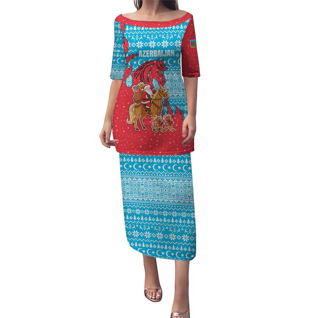 Azerbaijan Christmas Puletasi with Santa Riding Horse Red Flame Motif and Blue Islamic Pattern Design - Wonder Print Shop