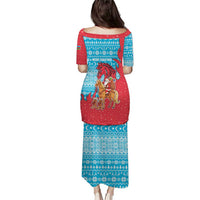 Azerbaijan Christmas Puletasi with Santa Riding Horse Red Flame Motif and Blue Islamic Pattern Design - Wonder Print Shop