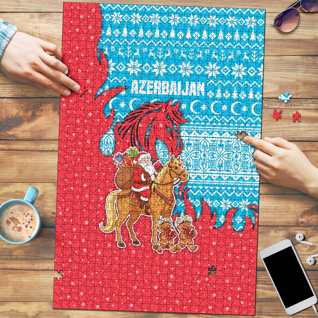 Azerbaijan Christmas Puzzle with Santa Riding Horse Red Flame Motif and Blue Islamic Pattern Design - Wonder Print Shop