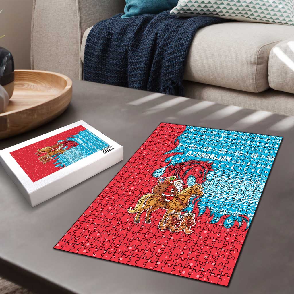 Azerbaijan Christmas Puzzle with Santa Riding Horse Red Flame Motif and Blue Islamic Pattern Design - Wonder Print Shop