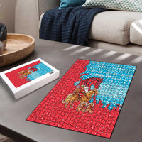 Azerbaijan Christmas Puzzle with Santa Riding Horse Red Flame Motif and Blue Islamic Pattern Design - Wonder Print Shop