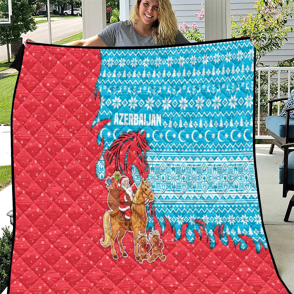 Azerbaijan Christmas Quilt with Santa Riding Horse Red Flame Motif and Blue Islamic Pattern Design - Wonder Print Shop