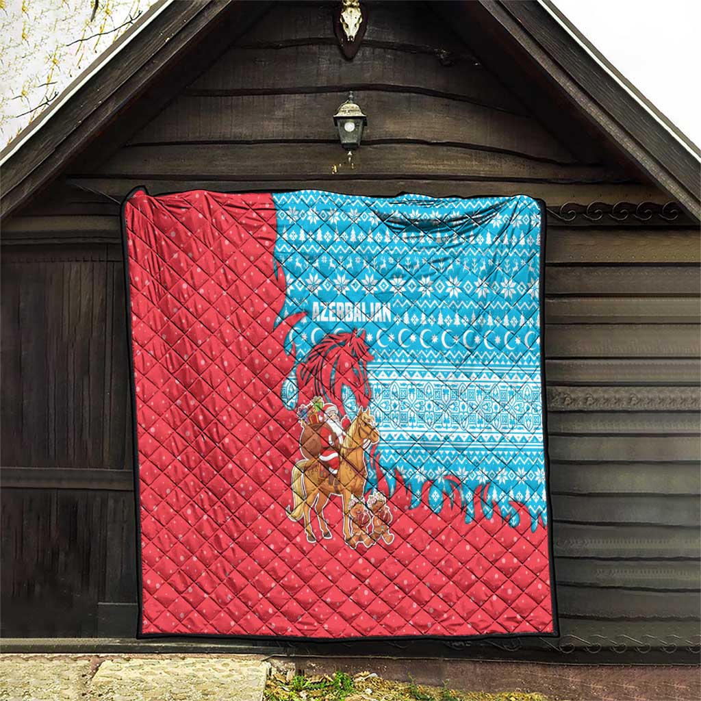 Azerbaijan Christmas Quilt with Santa Riding Horse Red Flame Motif and Blue Islamic Pattern Design - Wonder Print Shop