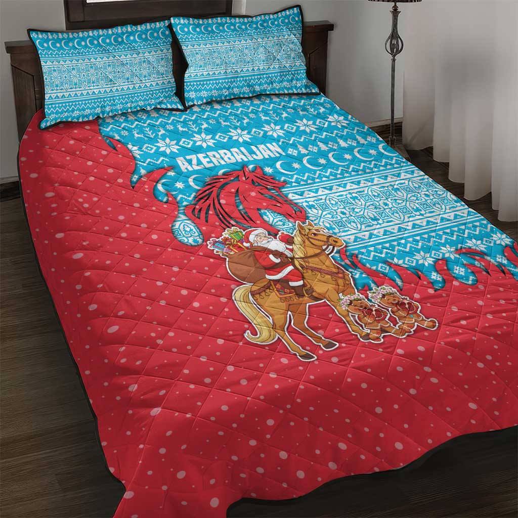 Azerbaijan Christmas Quilt Bed Set with Santa Riding Horse Red Flame Motif and Blue Islamic Pattern Design - Wonder Print Shop