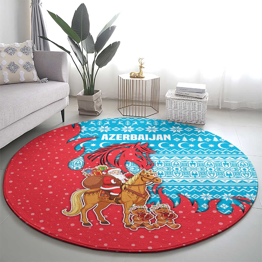 Azerbaijan Christmas Round Carpet with Santa Riding Horse Red Flame Motif and Blue Islamic Pattern Design - Wonder Print Shop