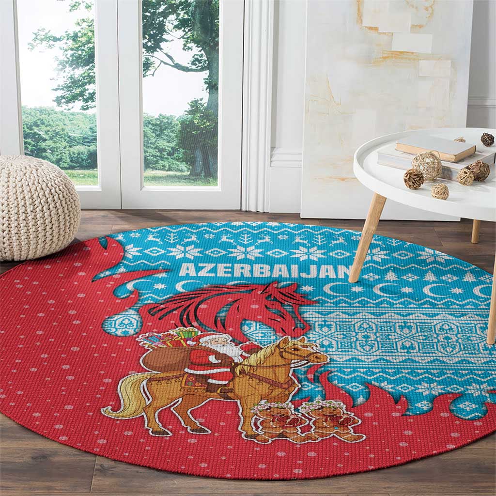 Azerbaijan Christmas Round Carpet with Santa Riding Horse Red Flame Motif and Blue Islamic Pattern Design - Wonder Print Shop