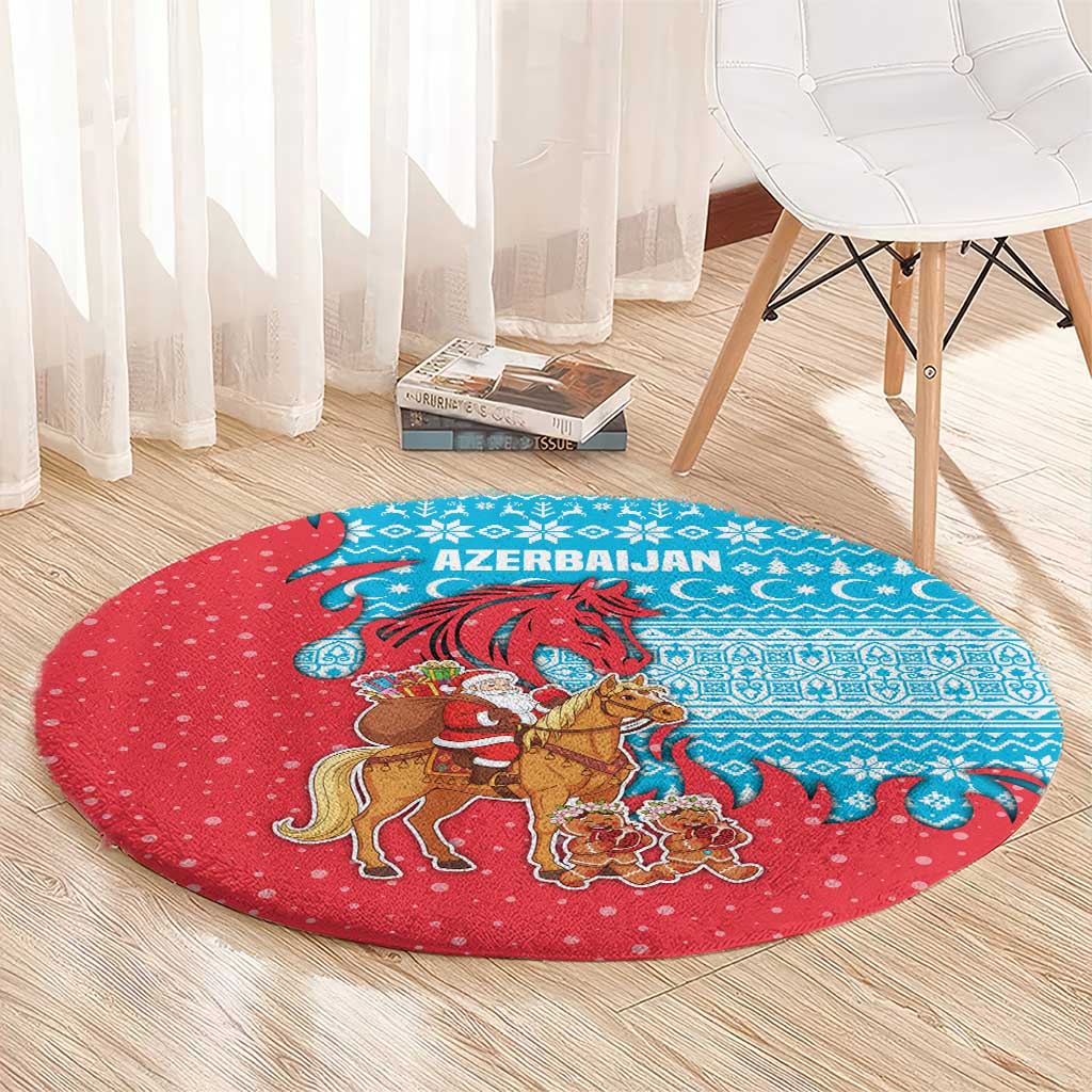 Azerbaijan Christmas Round Carpet with Santa Riding Horse Red Flame Motif and Blue Islamic Pattern Design - Wonder Print Shop