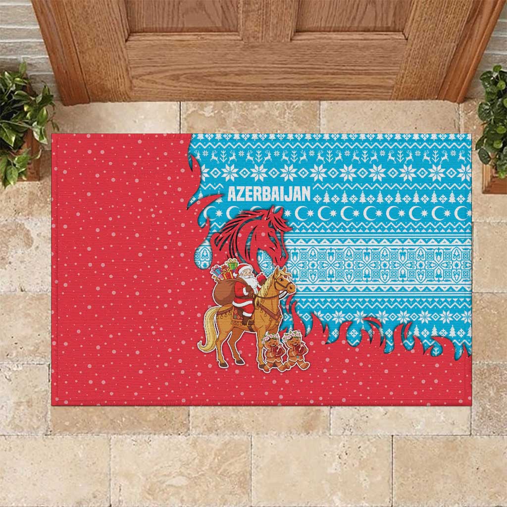 Azerbaijan Christmas Rubber Doormat with Santa Riding Horse Red Flame Motif and Blue Islamic Pattern Design - Wonder Print Shop