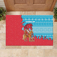 Azerbaijan Christmas Rubber Doormat with Santa Riding Horse Red Flame Motif and Blue Islamic Pattern Design - Wonder Print Shop
