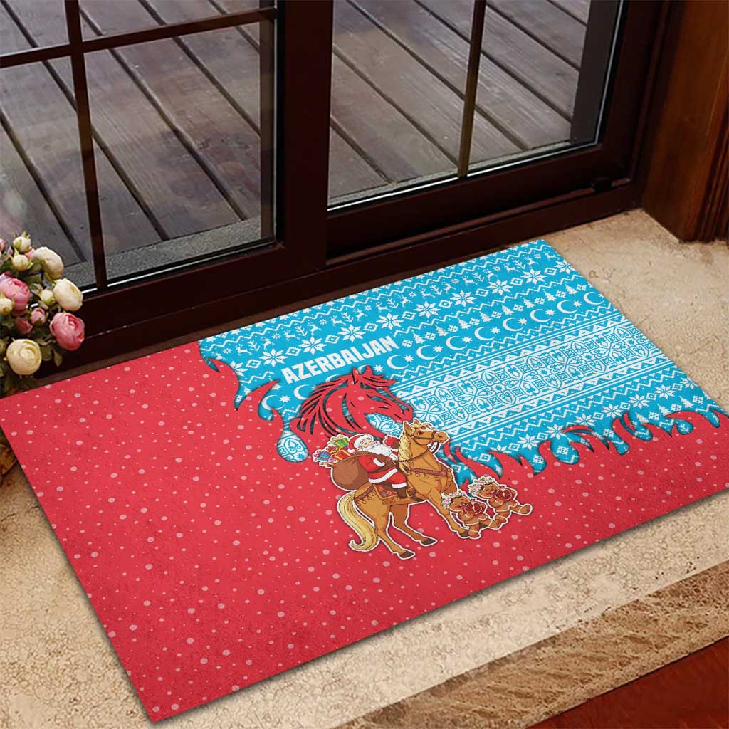 Azerbaijan Christmas Rubber Doormat with Santa Riding Horse Red Flame Motif and Blue Islamic Pattern Design - Wonder Print Shop