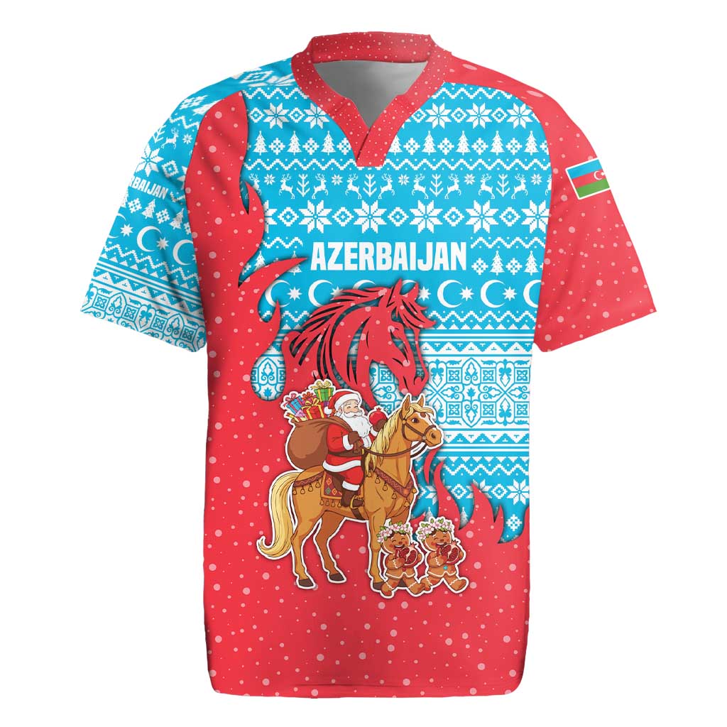 Azerbaijan Christmas Rugby Jersey with Santa Riding Horse Red Flame Motif and Blue Islamic Pattern Design - Wonder Print Shop