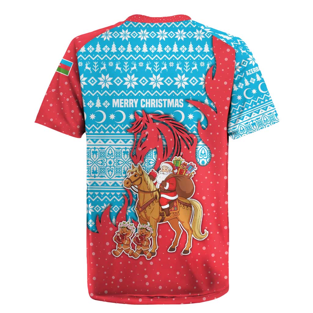 Azerbaijan Christmas Rugby Jersey with Santa Riding Horse Red Flame Motif and Blue Islamic Pattern Design - Wonder Print Shop