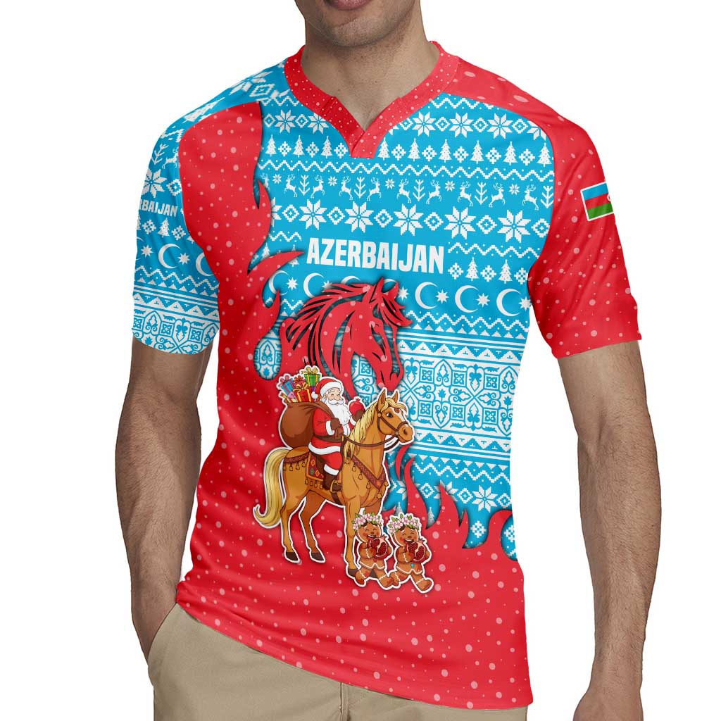 Azerbaijan Christmas Rugby Jersey with Santa Riding Horse Red Flame Motif and Blue Islamic Pattern Design - Wonder Print Shop
