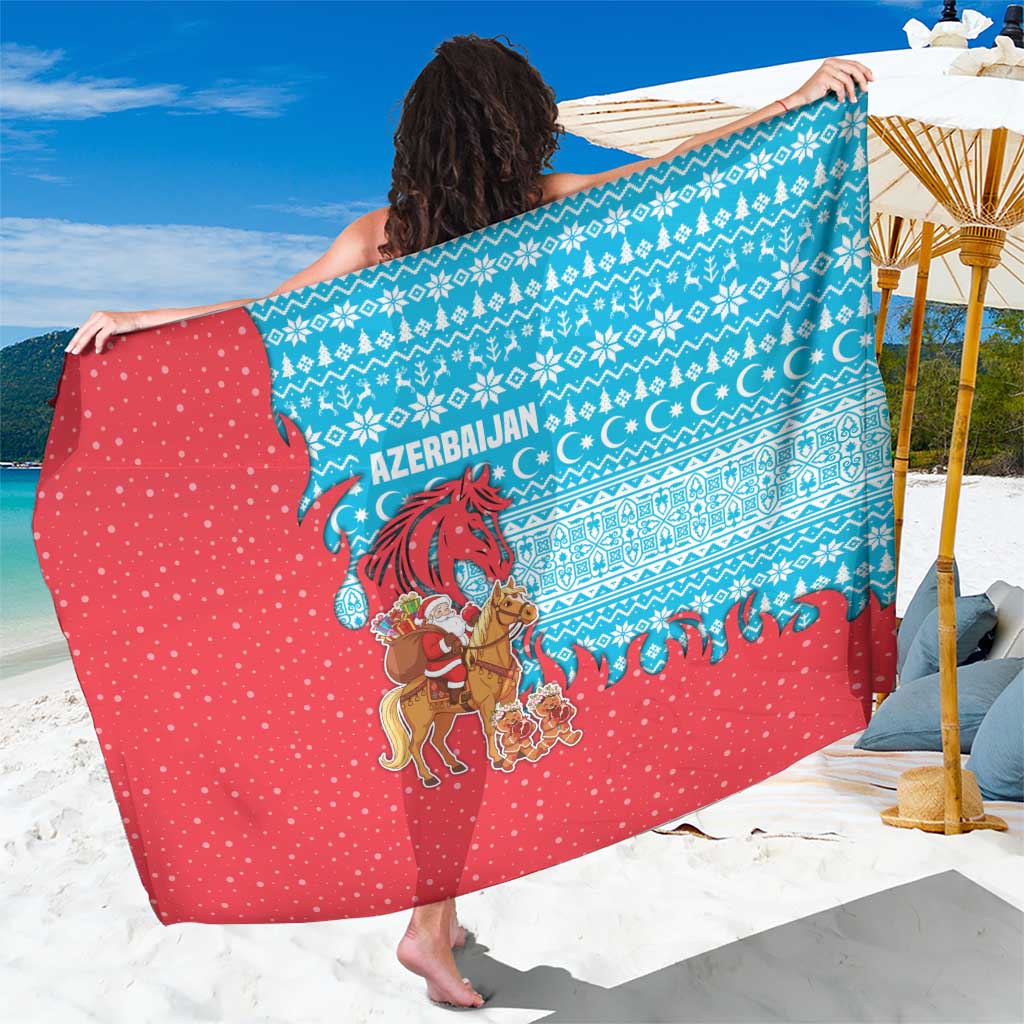 Azerbaijan Christmas Sarong with Santa Riding Horse Red Flame Motif and Blue Islamic Pattern Design - Wonder Print Shop