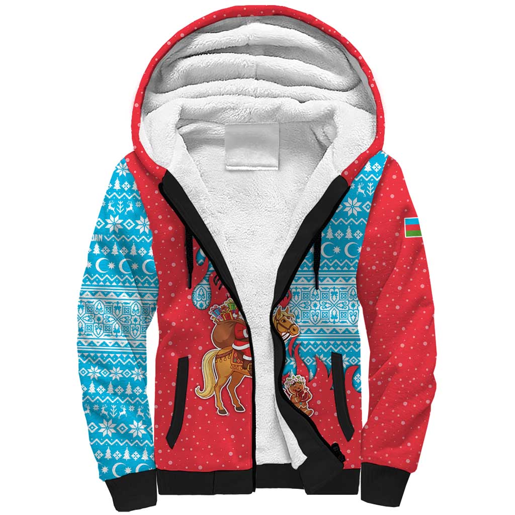 Azerbaijan Christmas Sherpa Hoodie with Santa Riding Horse Red Flame Motif and Blue Islamic Pattern Design - Wonder Print Shop