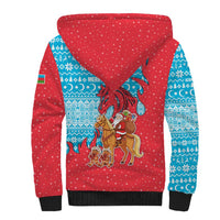 Azerbaijan Christmas Sherpa Hoodie with Santa Riding Horse Red Flame Motif and Blue Islamic Pattern Design - Wonder Print Shop