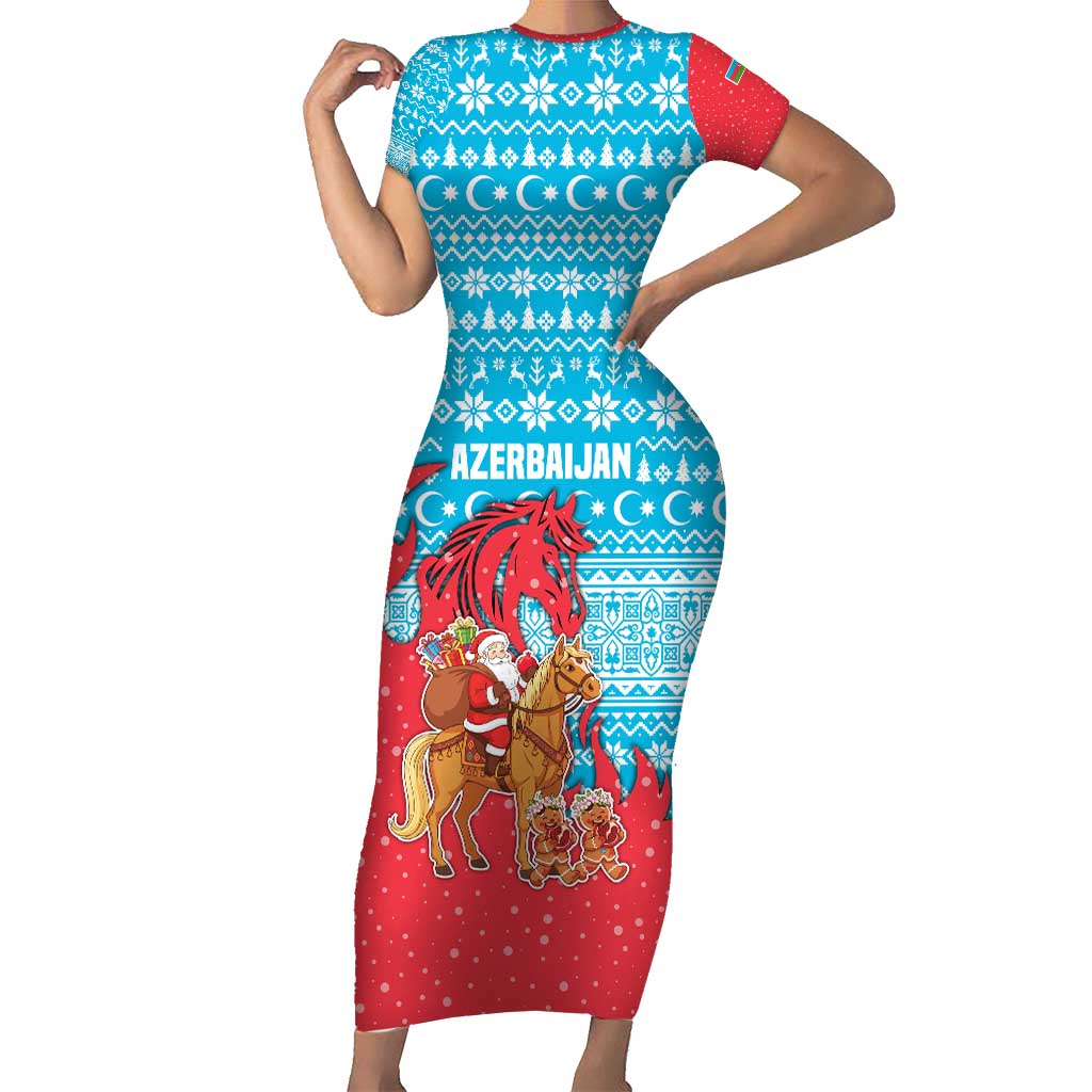 Azerbaijan Christmas Short Sleeve Bodycon Dress with Santa Riding Horse Red Flame Motif and Blue Islamic Pattern Design - Wonder Print Shop