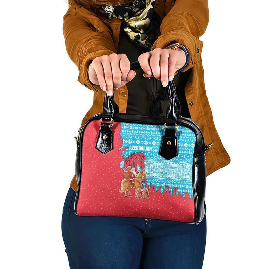 Azerbaijan Christmas Shoulder Handbag with Santa Riding Horse Red Flame Motif and Blue Islamic Pattern Design - Wonder Print Shop