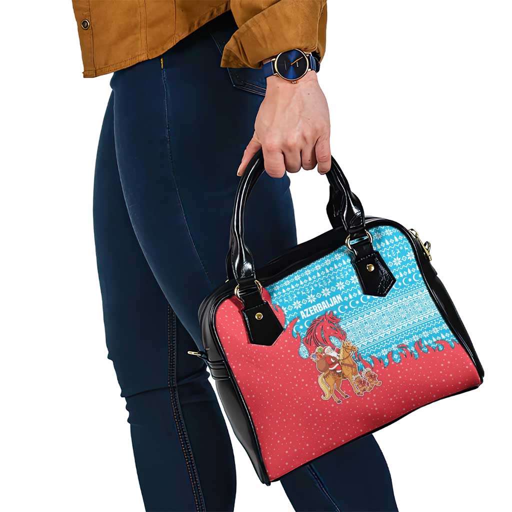 Azerbaijan Christmas Shoulder Handbag with Santa Riding Horse Red Flame Motif and Blue Islamic Pattern Design - Wonder Print Shop