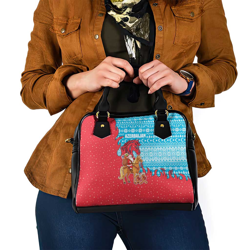 Azerbaijan Christmas Shoulder Handbag with Santa Riding Horse Red Flame Motif and Blue Islamic Pattern Design - Wonder Print Shop