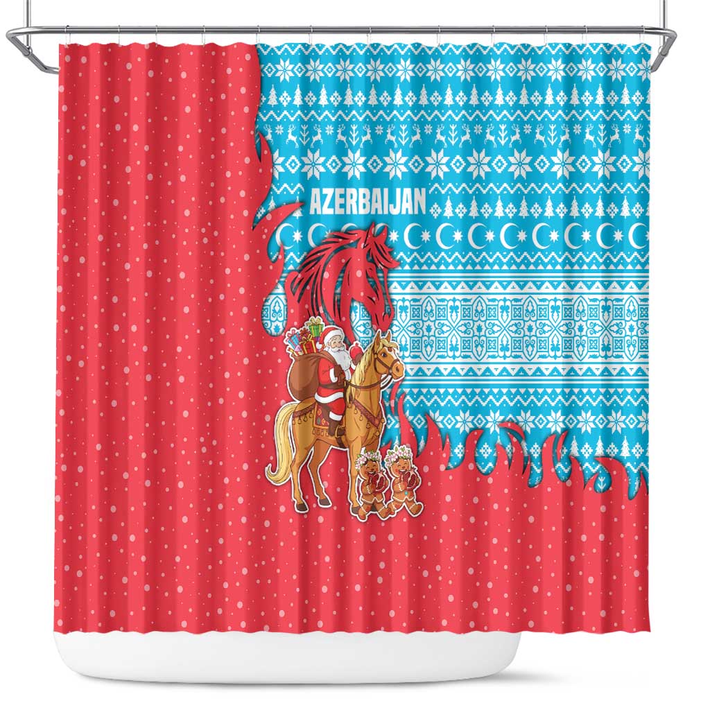 Azerbaijan Christmas Shower Curtain with Santa Riding Horse Red Flame Motif and Blue Islamic Pattern Design - Wonder Print Shop