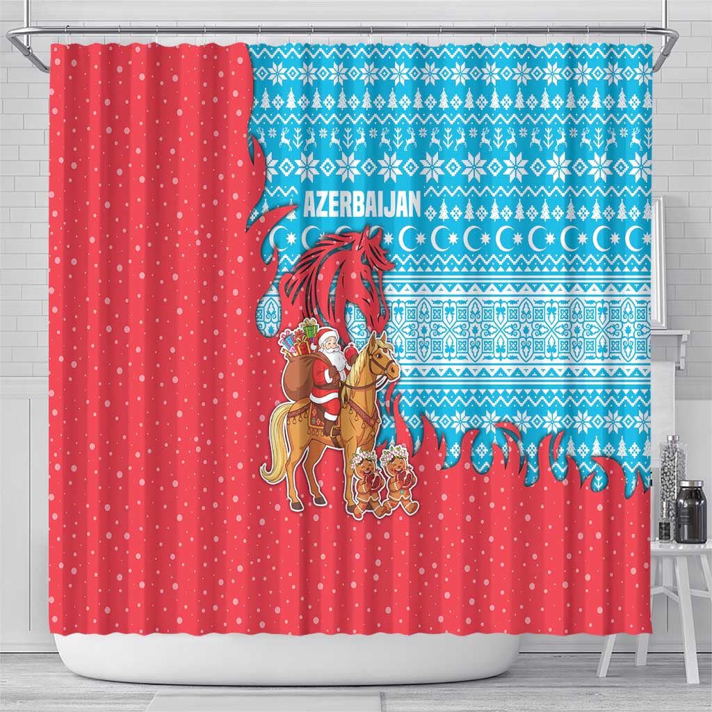 Azerbaijan Christmas Shower Curtain with Santa Riding Horse Red Flame Motif and Blue Islamic Pattern Design - Wonder Print Shop